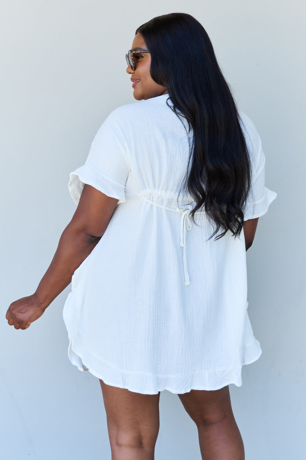 Ninexis Out Of Time Full Size Ruffle Hem Dress with Drawstring Waistband in White
