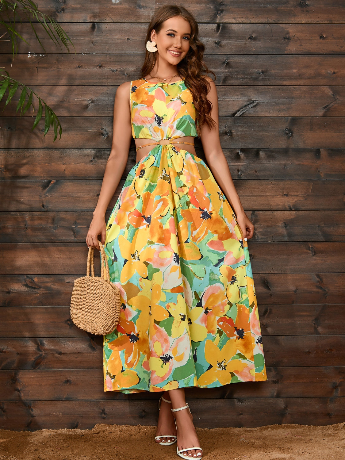 Cutout Floral Round Neck Sleeveless Dress
