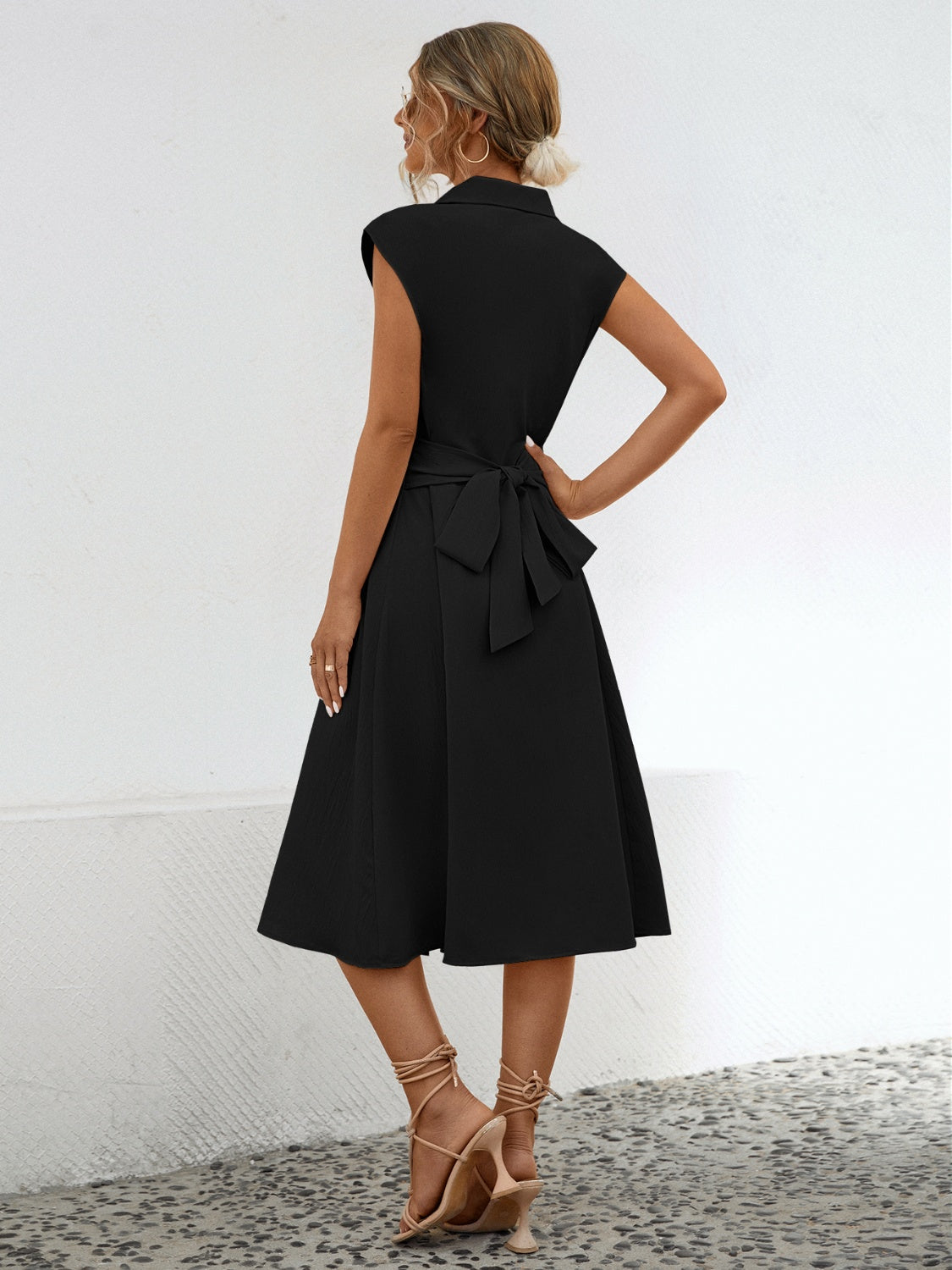 Button Up Cap Sleeve Midi Dress
