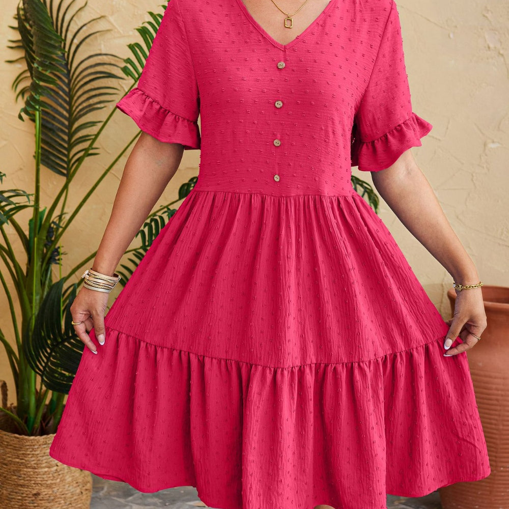 Swiss Dot Ruffled V-Neck Tiered Dress
