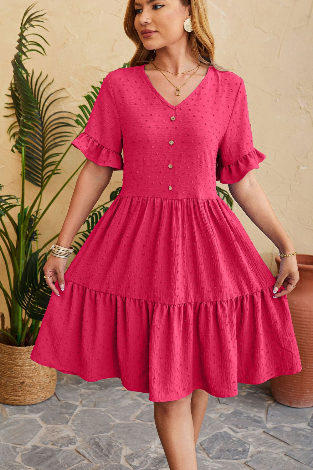 Swiss Dot Ruffled V-Neck Tiered Dress
