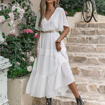 Tie Neck Short Sleeve Ruffle Hem Dress
