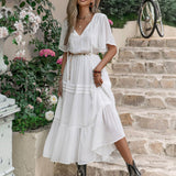 Tie Neck Short Sleeve Ruffle Hem Dress
