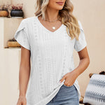 Eyelet V-Neck Petal Sleeve T-Shirt
