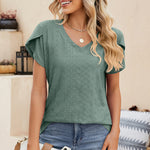 Eyelet V-Neck Petal Sleeve T-Shirt
