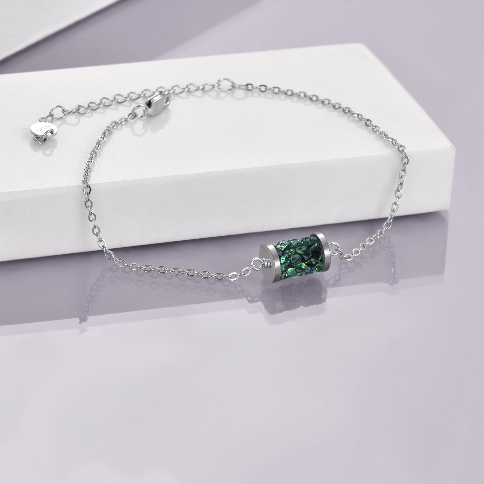 Sterling Silver with Green Crystal Bracelet Exquisite and Elegant Cable Chain
