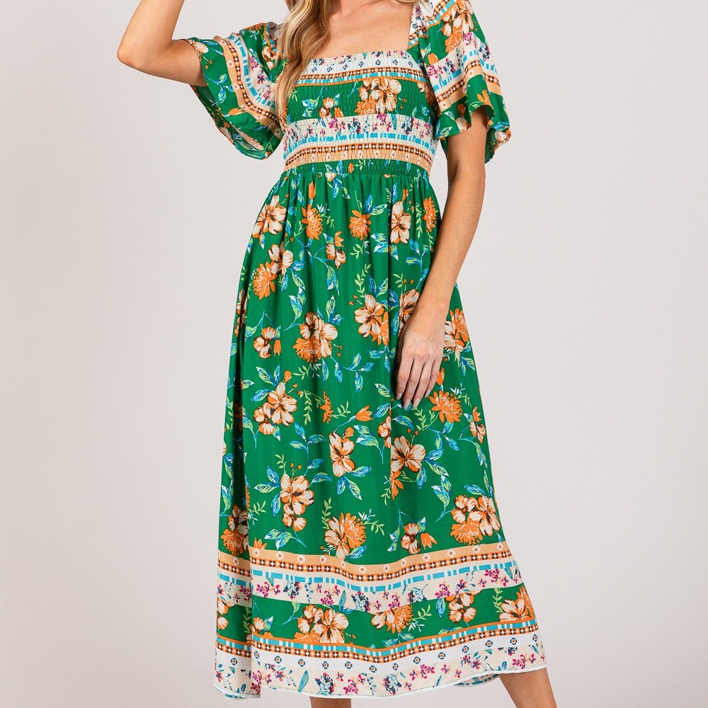 SAGE + FIG Printed Smocked Short Sleeve Midi Dress
