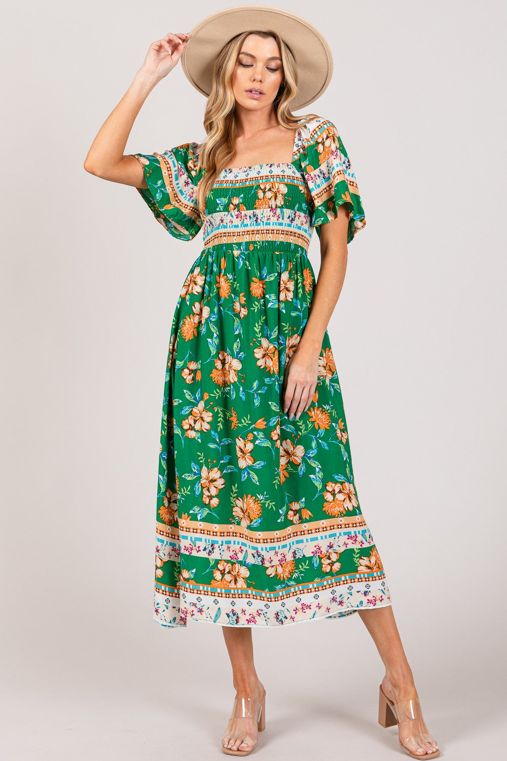 SAGE + FIG Printed Smocked Short Sleeve Midi Dress
