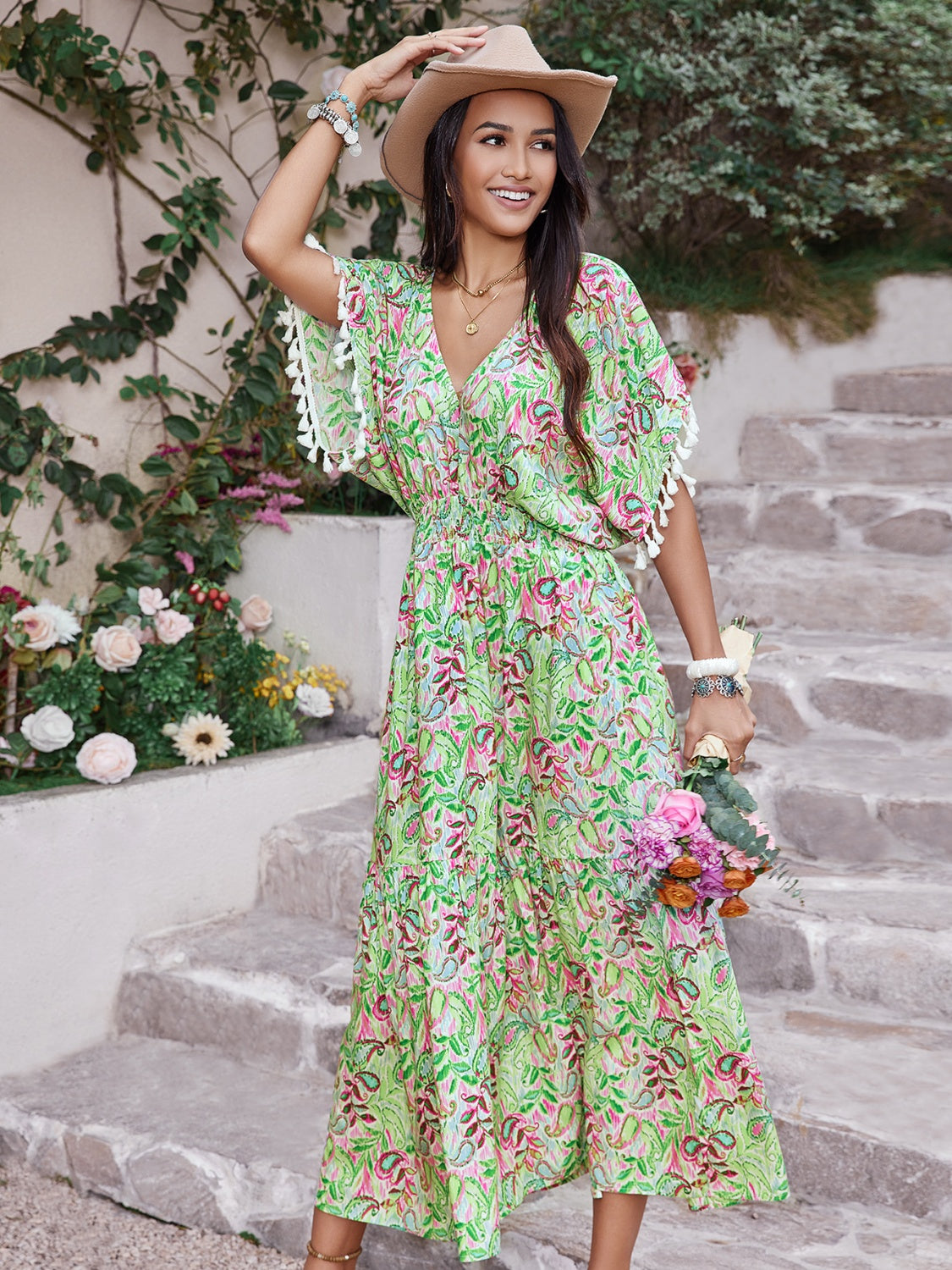 Smocked Floral V-Neck Short Sleeve Dress
