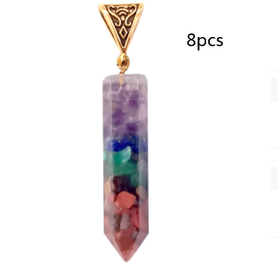 Seven Chakra Natural Crushed Stone Hexagon Column Necklace Aura Pendant
