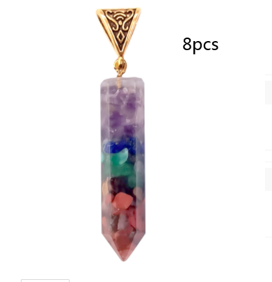 Seven Chakra Natural Crushed Stone Hexagon Column Necklace Aura Pendant
