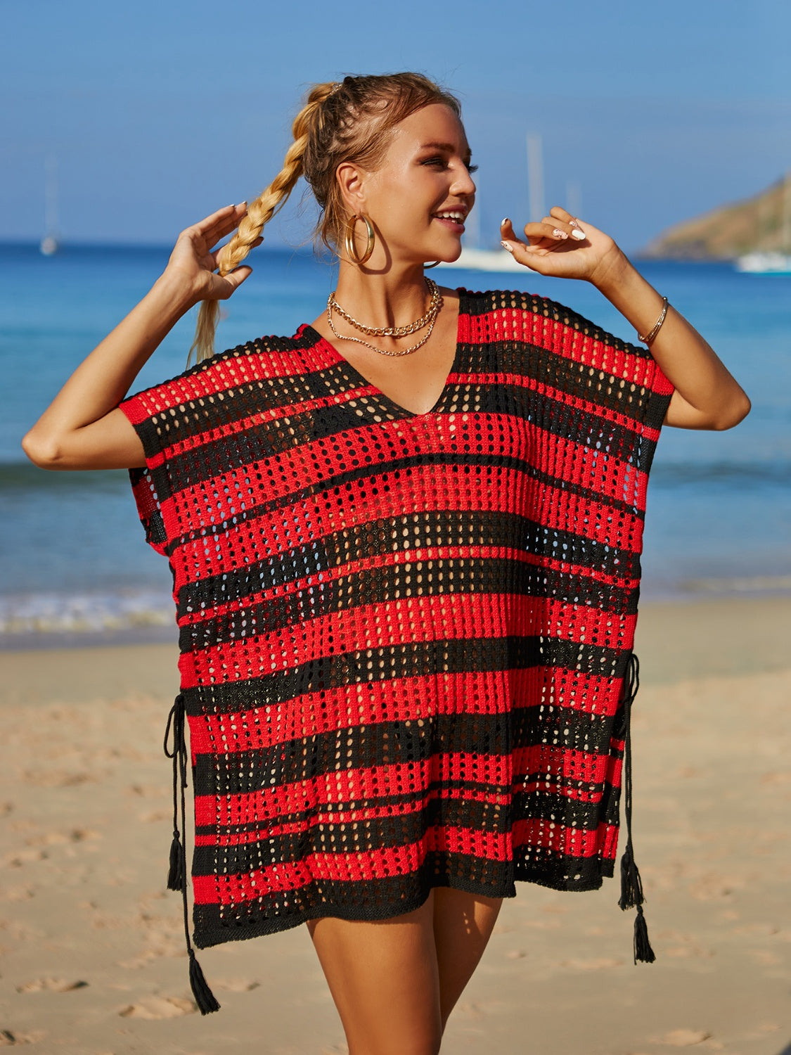 Tassel Openwork Striped V-Neck Cover Up
