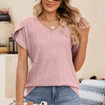 Eyelet V-Neck Petal Sleeve T-Shirt
