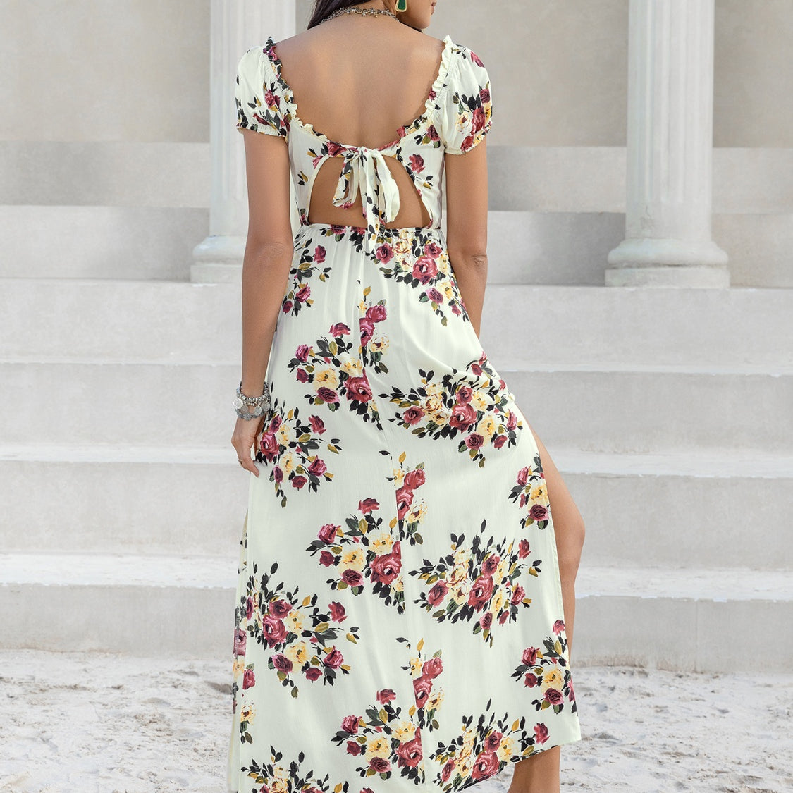 Tied Slit Floral Short Sleeve Dress
