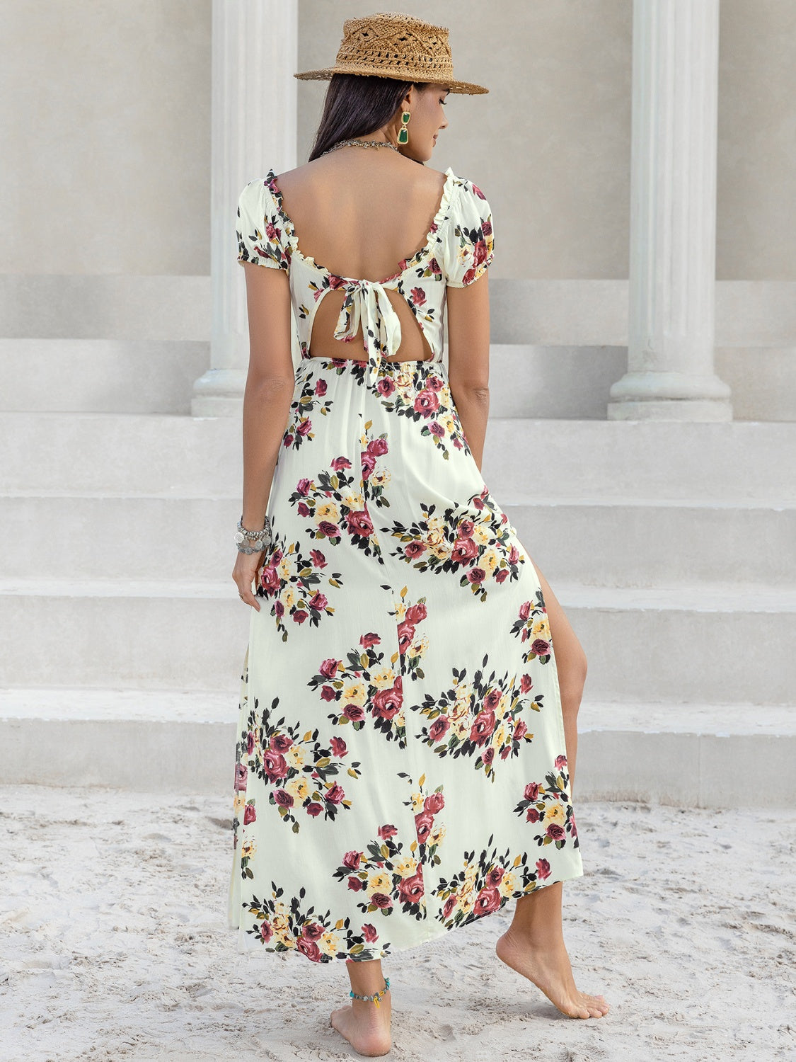 Tied Slit Floral Short Sleeve Dress
