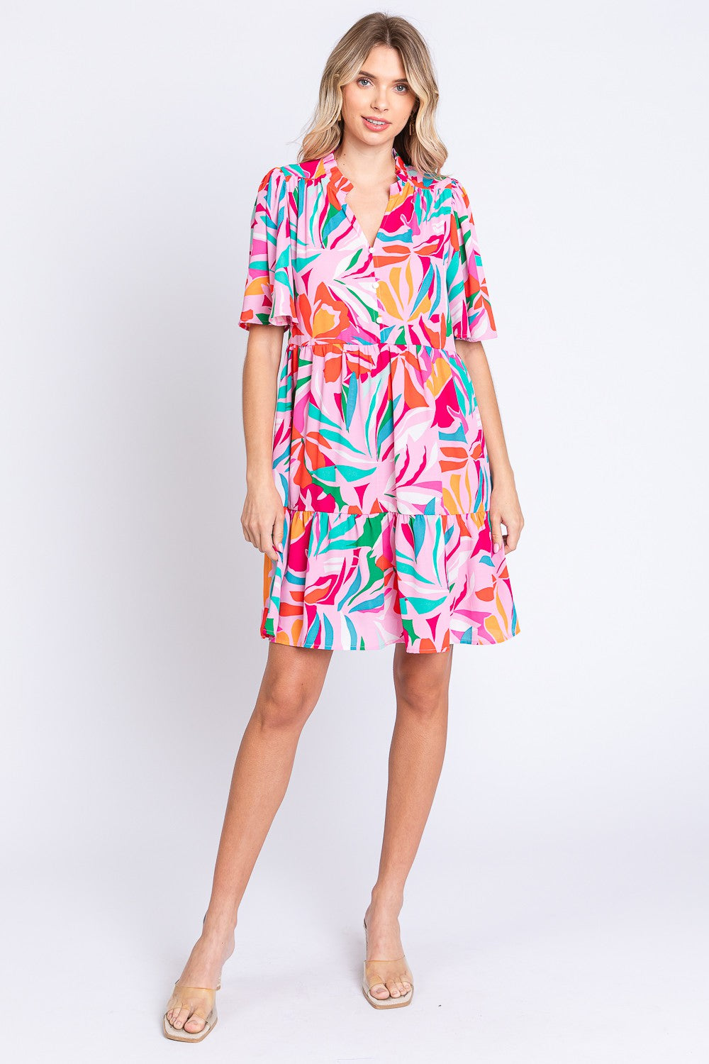 GeeGee Printed Short Sleeve Ruffle Hem Dress
