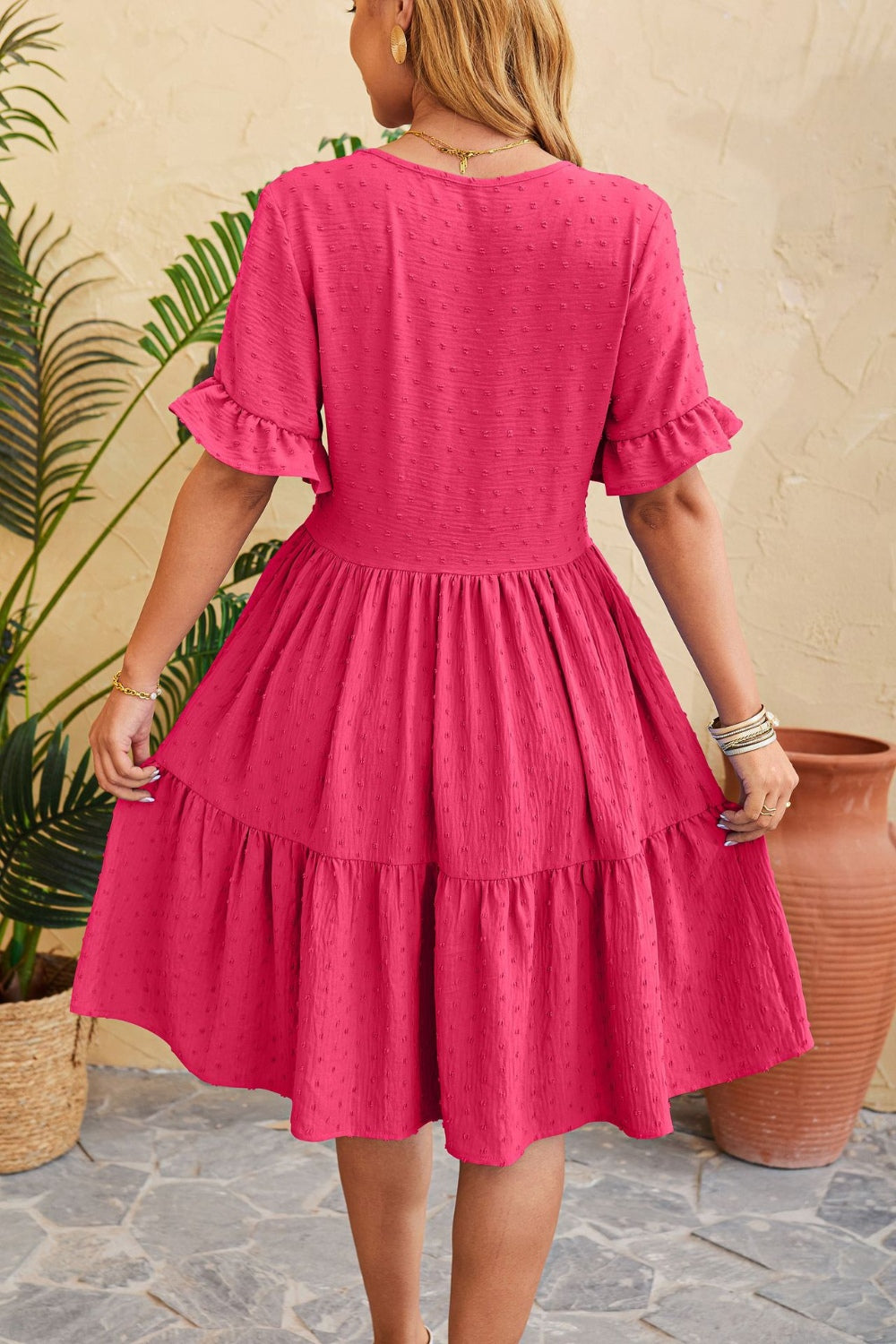 Swiss Dot Ruffled V-Neck Tiered Dress
