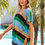 Openwork Striped V-Neck Short Sleeve Cover Up
