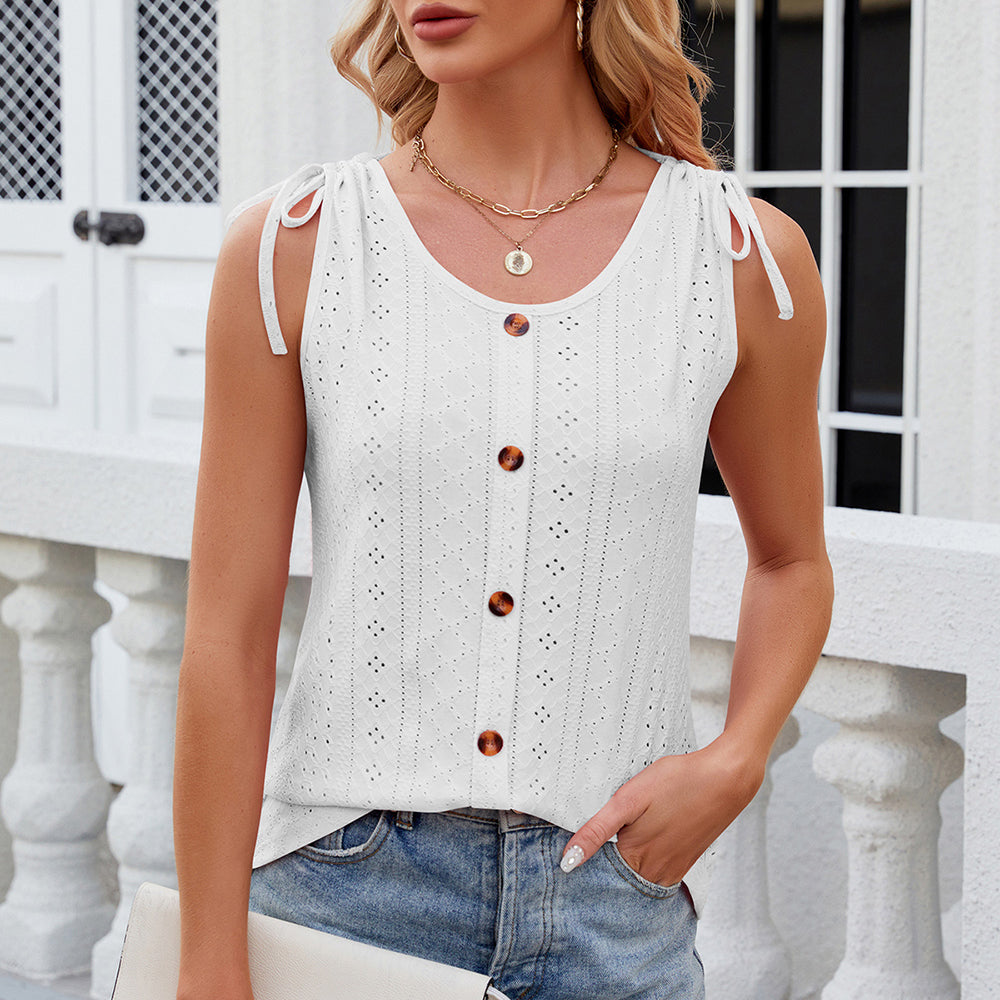 Eyelet Round Neck Wide Strap Tank
