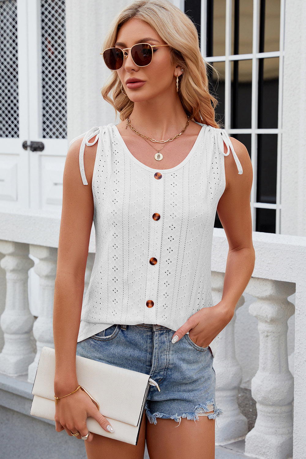 Eyelet Round Neck Wide Strap Tank
