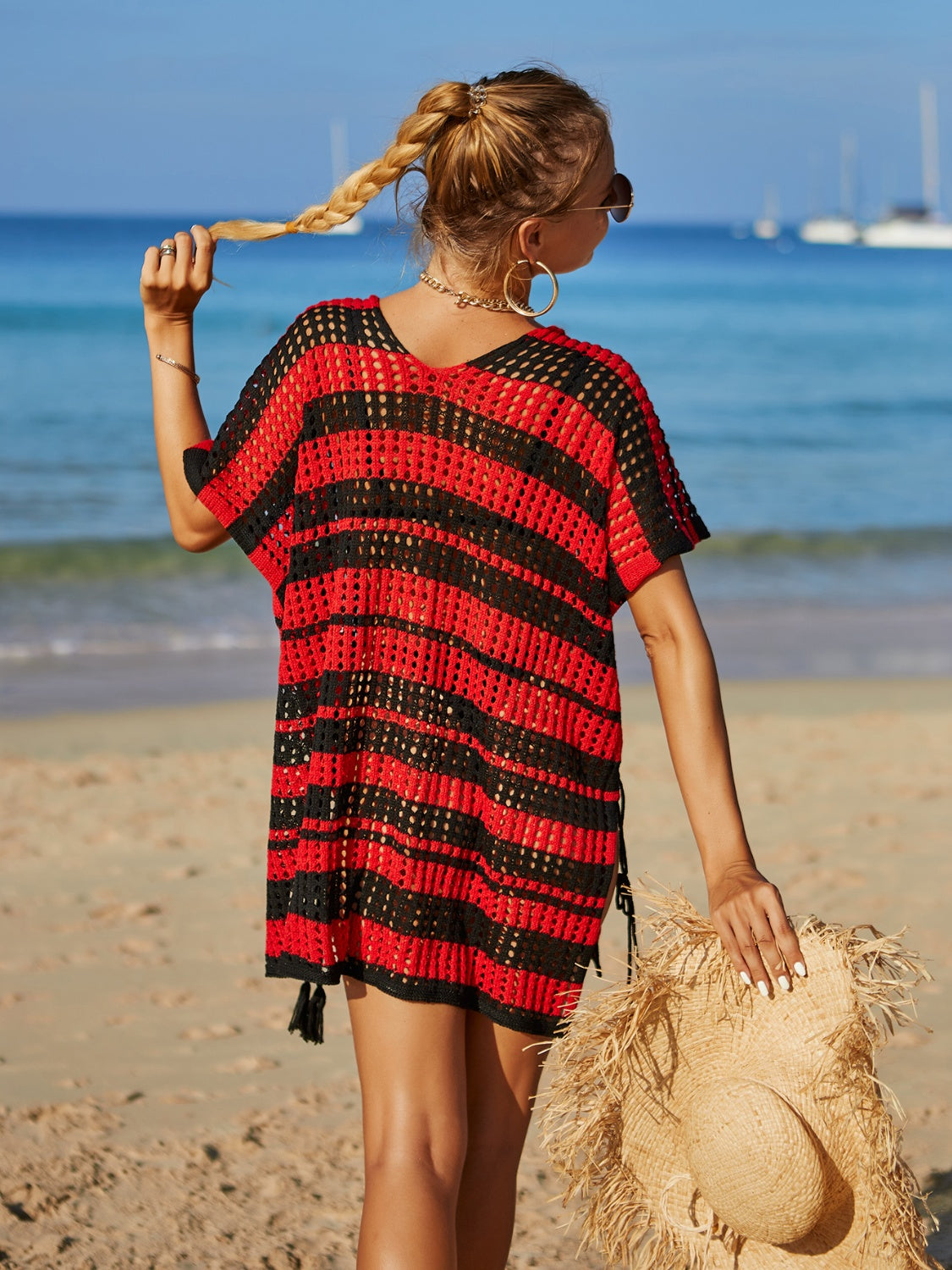 Tassel Openwork Striped V-Neck Cover Up
