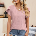 Eyelet V-Neck Petal Sleeve T-Shirt
