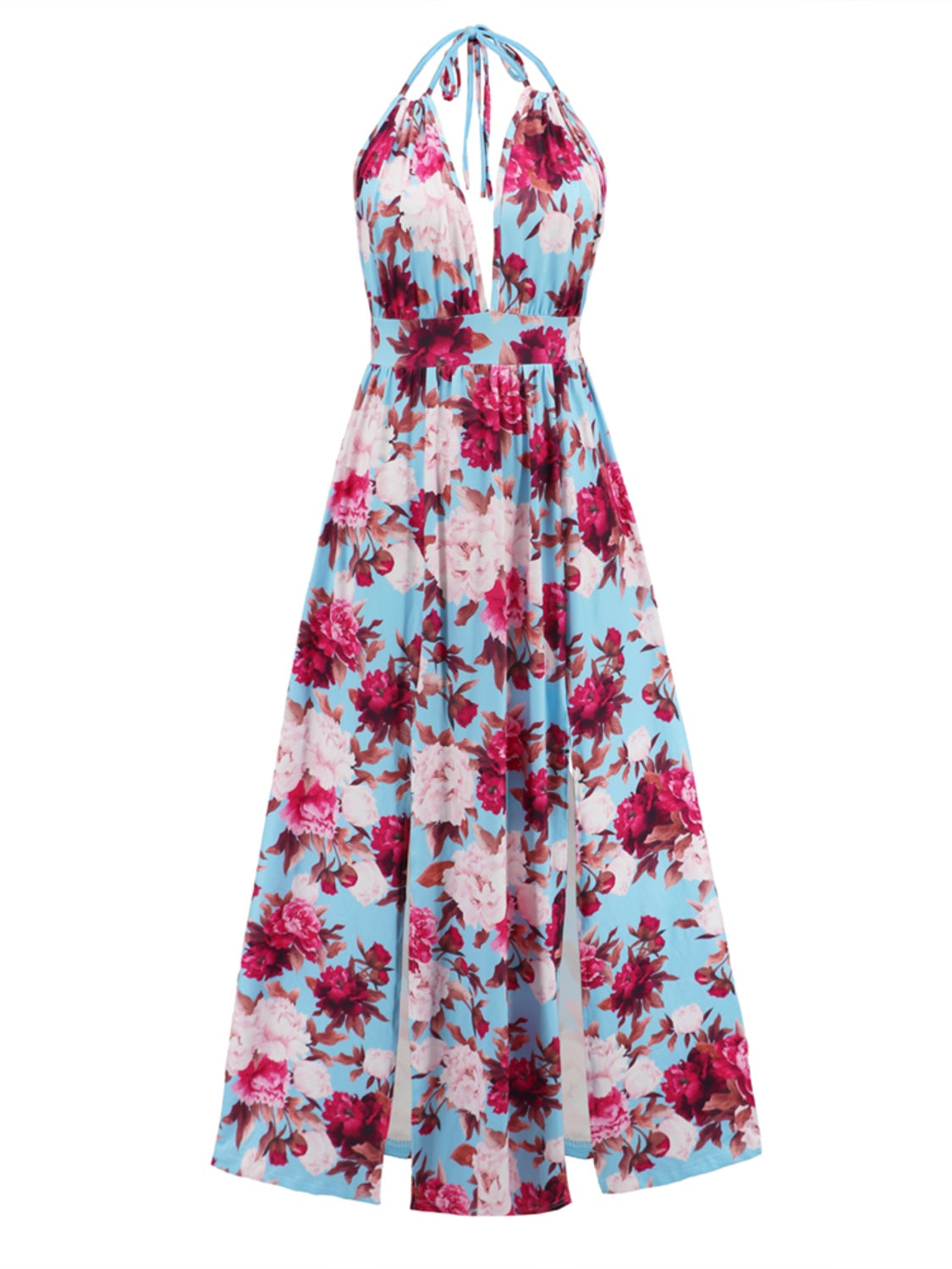 Slit Backless Printed Halter Neck Dress
