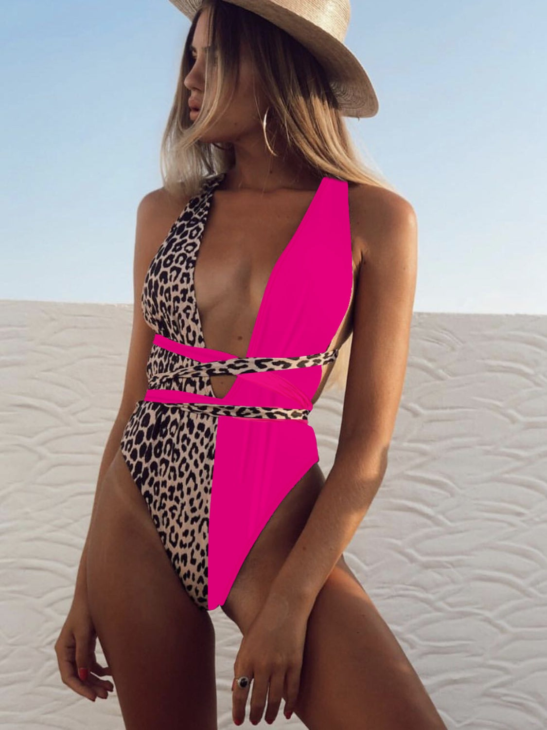 Tied Leopard Plunge One-Piece Swimwear
