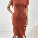 Fringe Openwork Boat Neck Knit Dress
