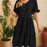 Swiss Dot Ruffled V-Neck Tiered Dress
