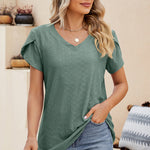 Eyelet V-Neck Petal Sleeve T-Shirt
