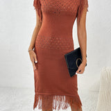 Fringe Openwork Boat Neck Knit Dress
