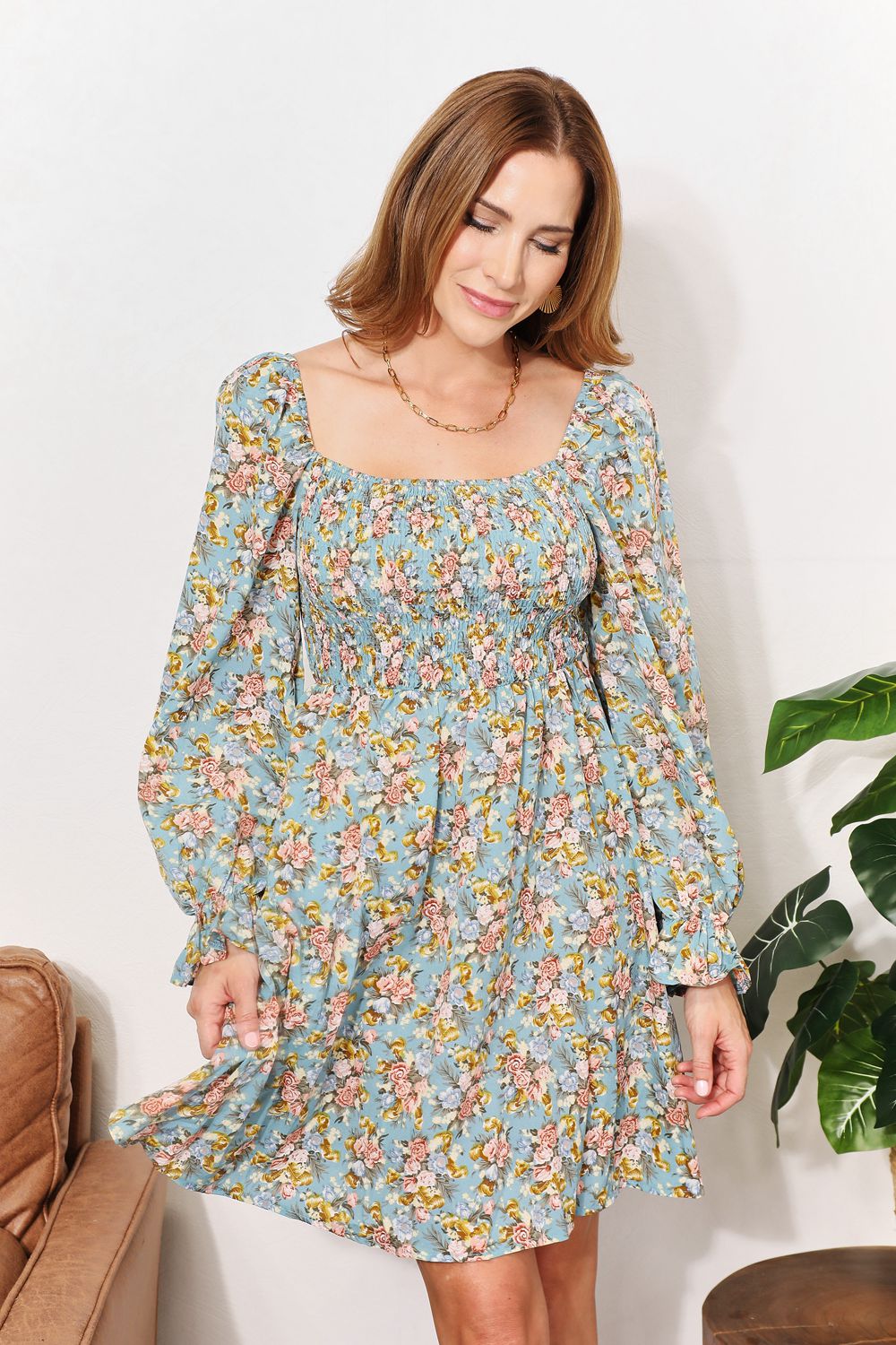 Double Take Floral Smocked Flounce Sleeve Square Neck Dress
