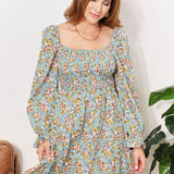 Double Take Floral Smocked Flounce Sleeve Square Neck Dress
