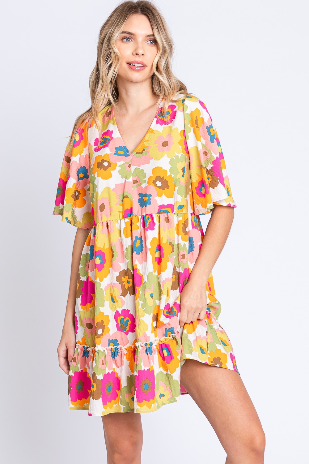 GeeGee Floral V-Neck Ruffle Hem Mini Dress
