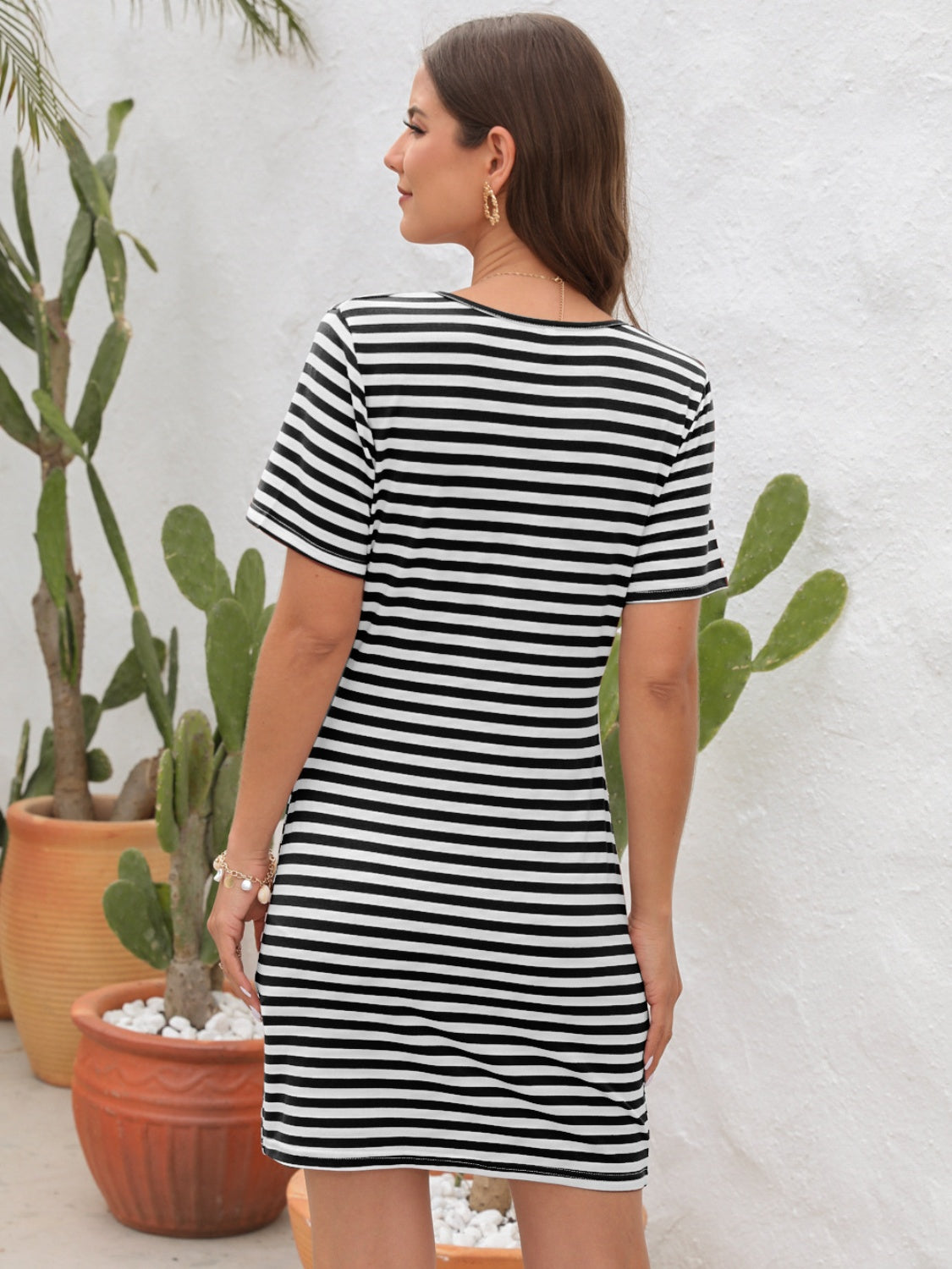 Cutout Striped Round Neck Short Sleeve Dress
