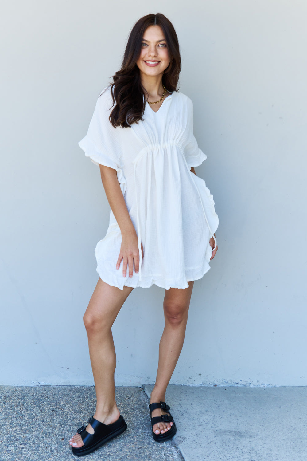 Ninexis Out Of Time Full Size Ruffle Hem Dress with Drawstring Waistband in White
