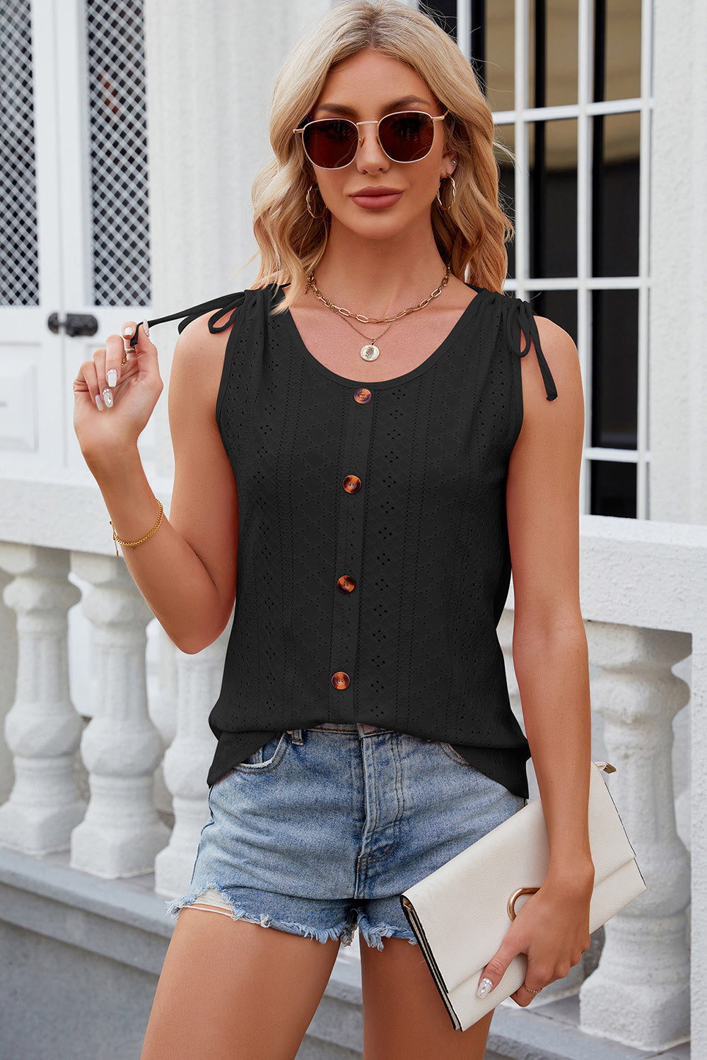 Eyelet Round Neck Wide Strap Tank
