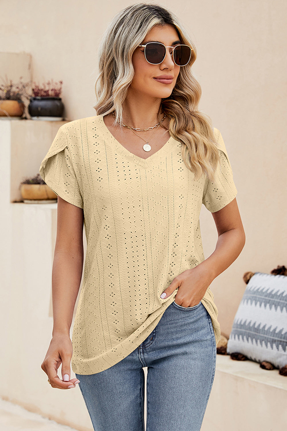 Eyelet V-Neck Petal Sleeve T-Shirt
