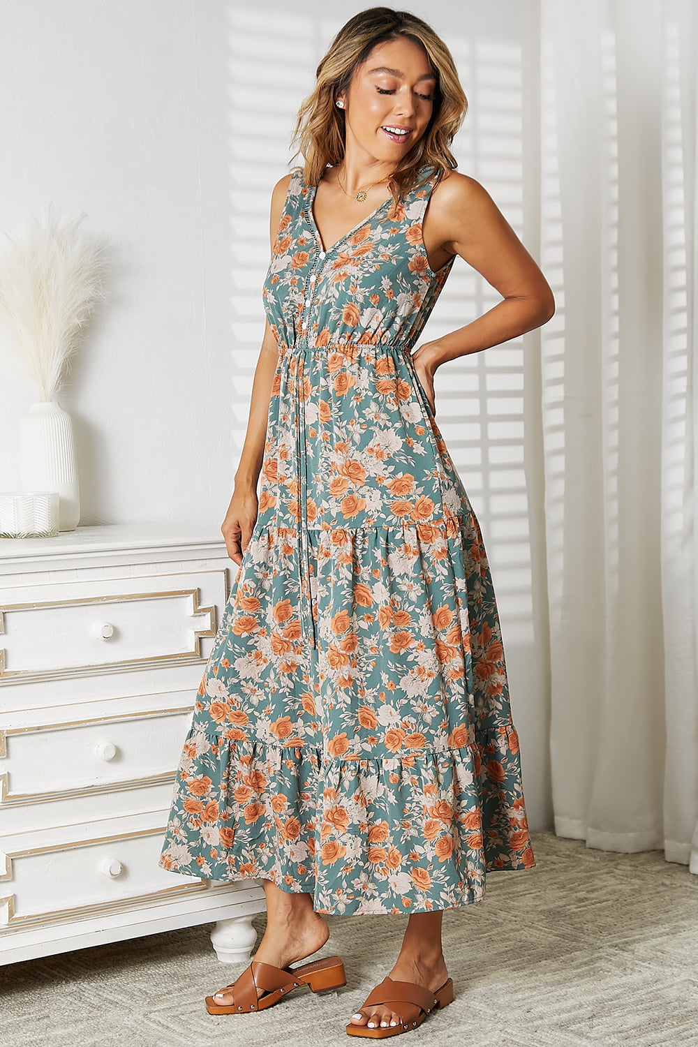 Double Take Floral V-Neck Tiered Sleeveless Dress
