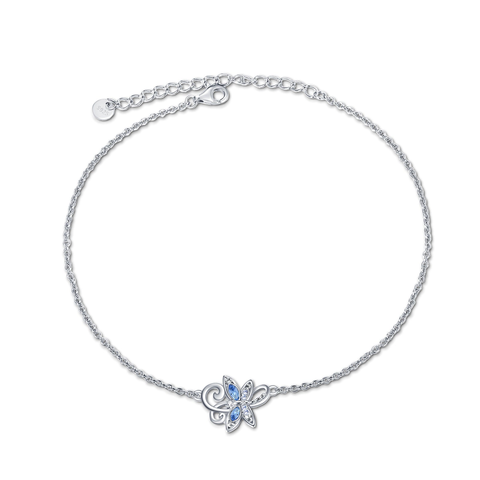 Sterling Silver Anklet with Elegant Crystal Blue Dragonfly
