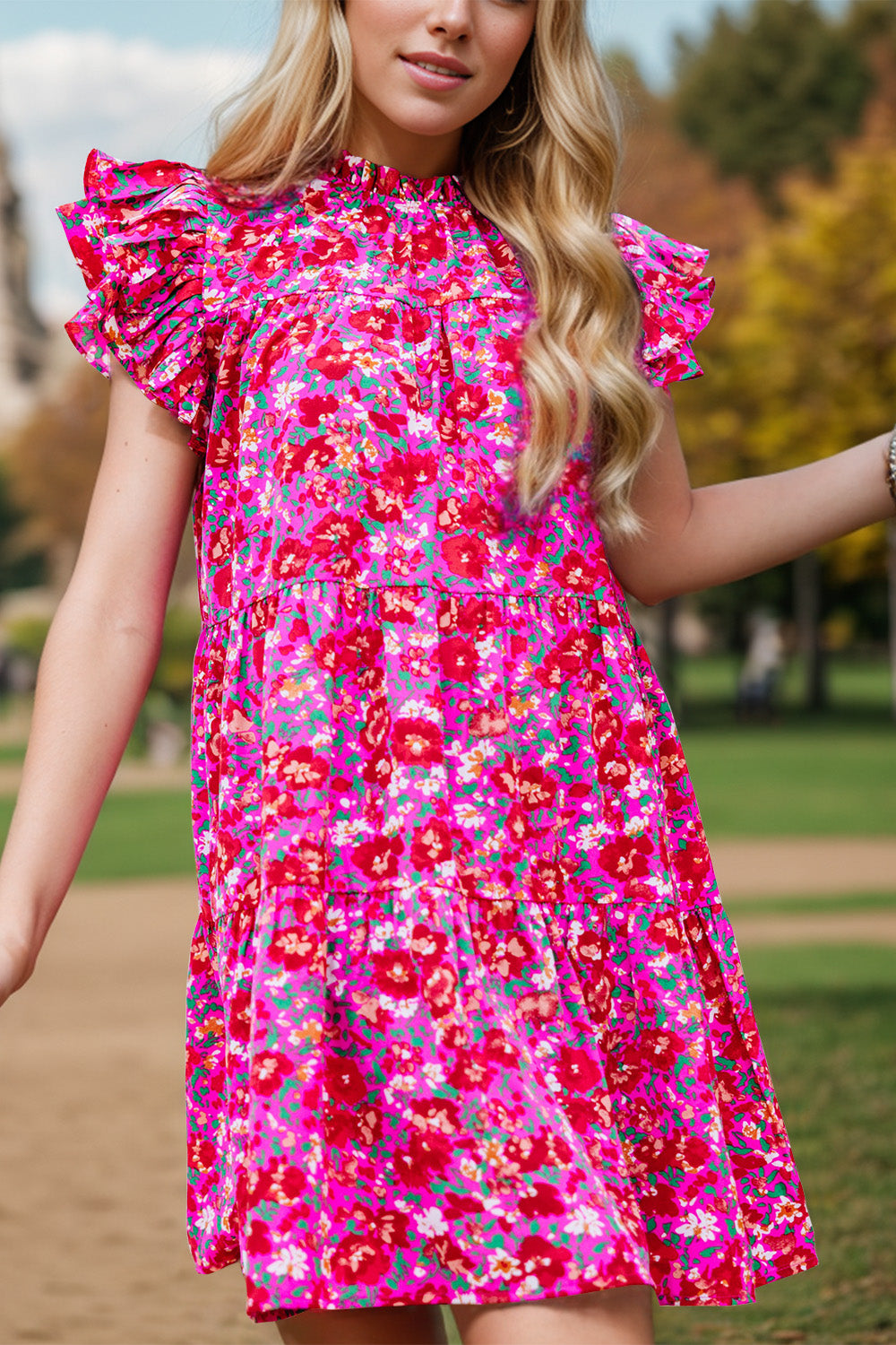 Ruffled Printed Cap Sleeve Mini Dress
