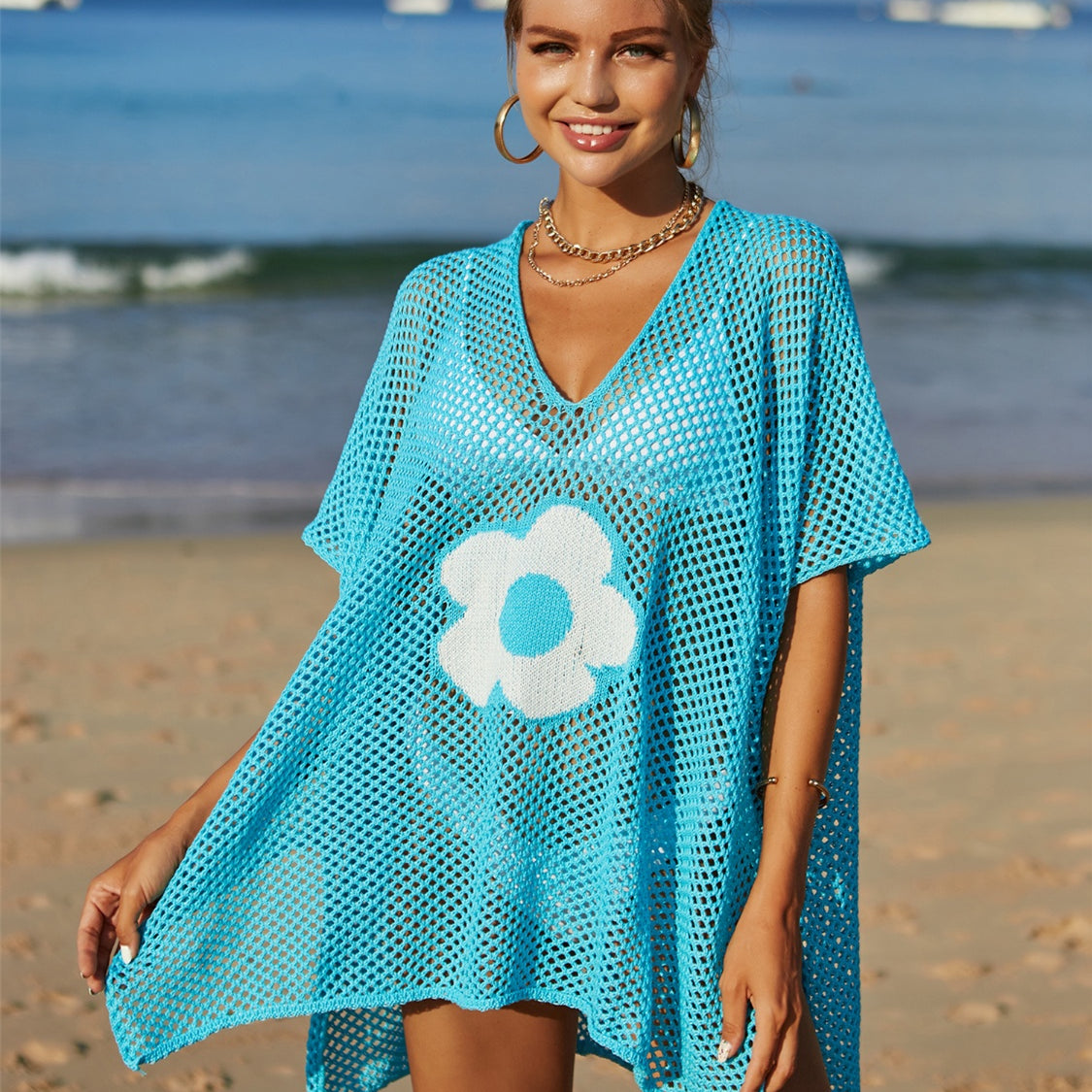 Openwork Flower V-Neck Short Sleeve Cover Up
