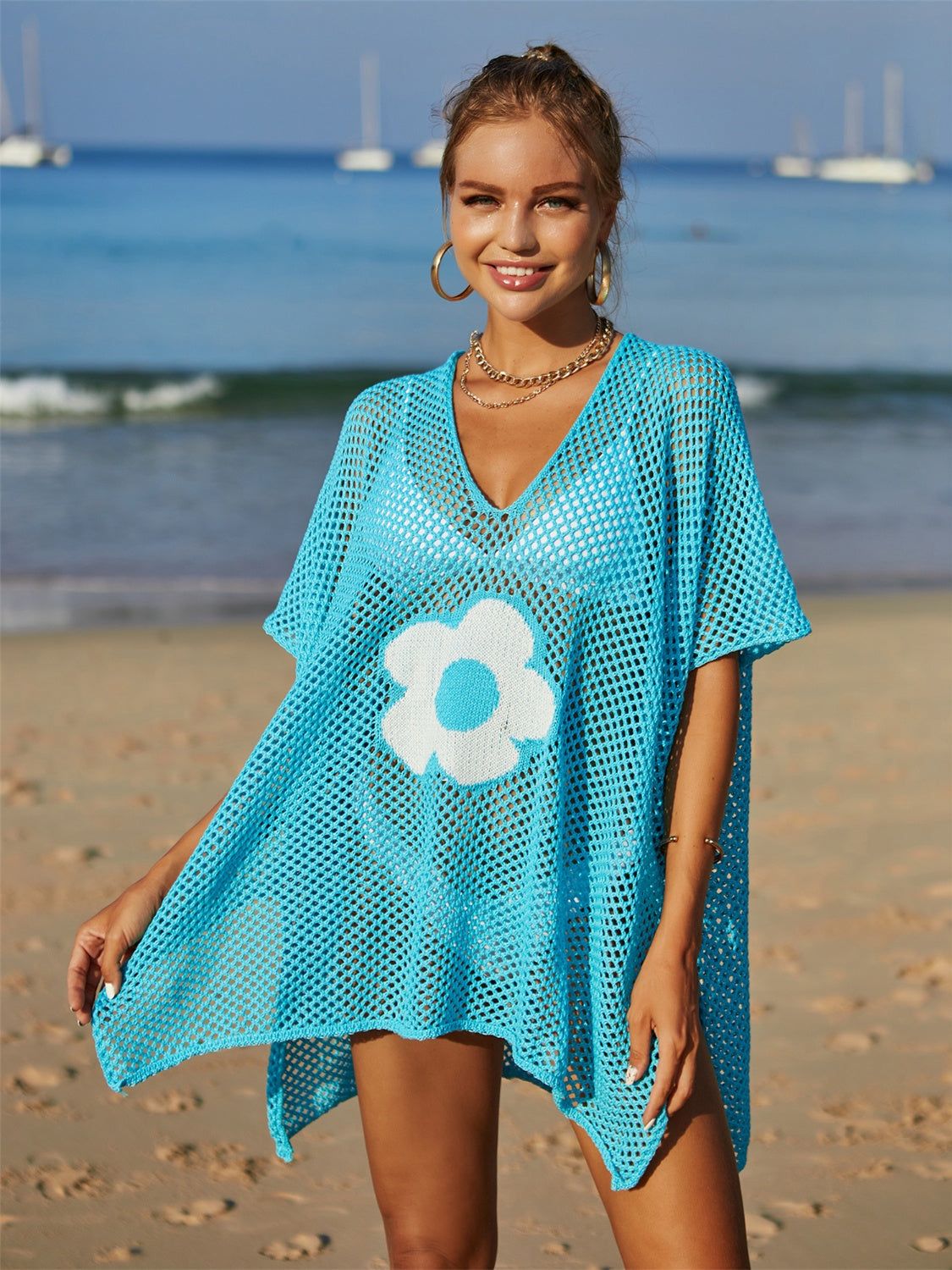 Openwork Flower V-Neck Short Sleeve Cover Up
