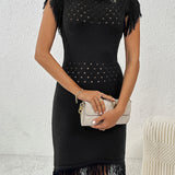 Fringe Openwork Boat Neck Knit Dress
