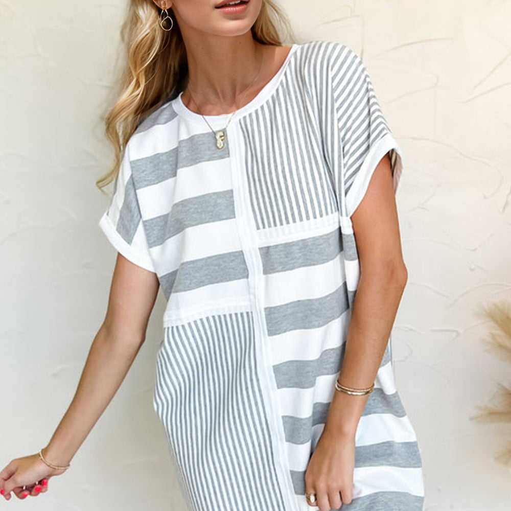 Oh Full Size Striped Round Neck Short Sleeve Mini Tee Dress
