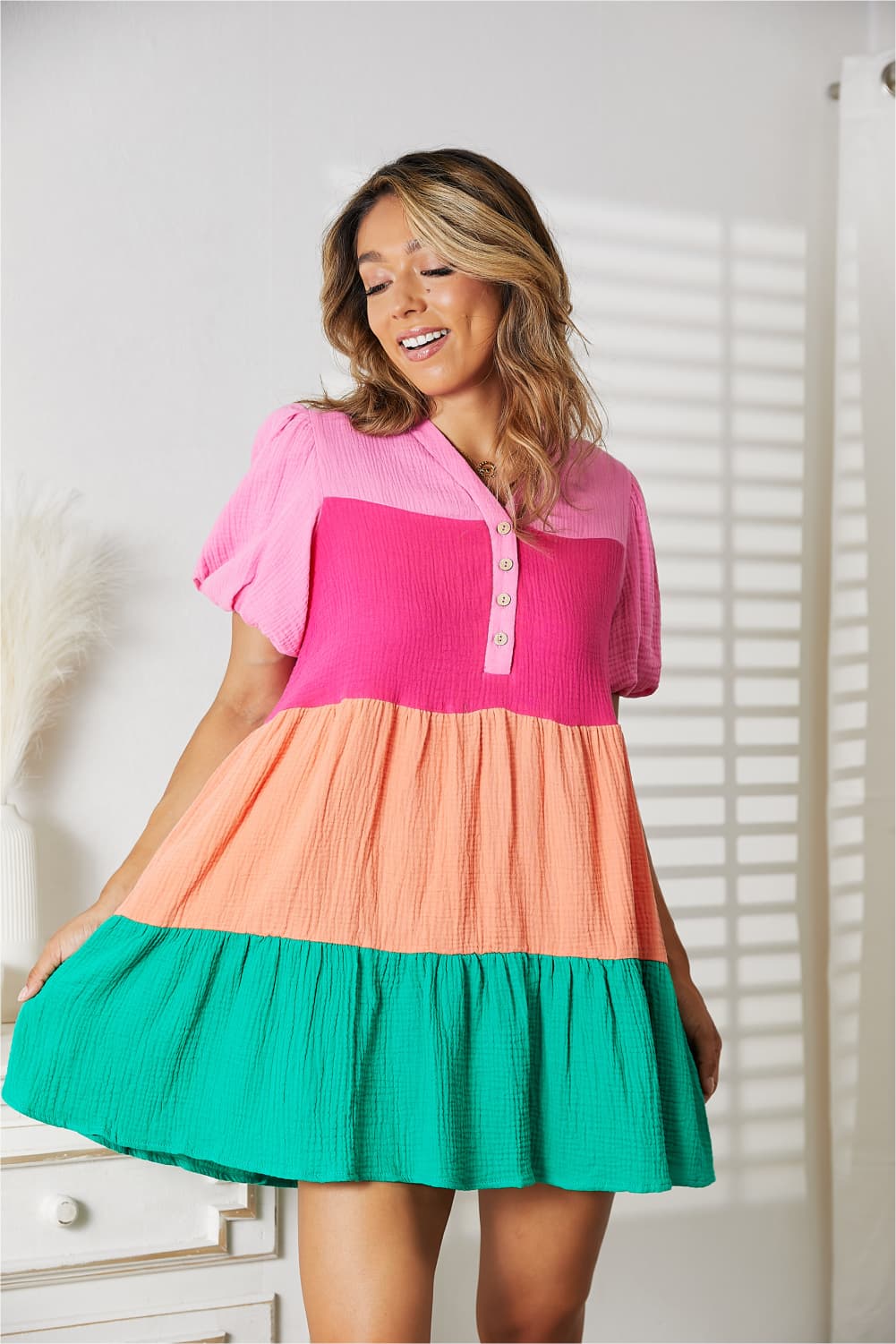 Double Take Color Block Buttoned Puff Sleeve Dress
