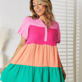 Double Take Color Block Buttoned Puff Sleeve Dress
