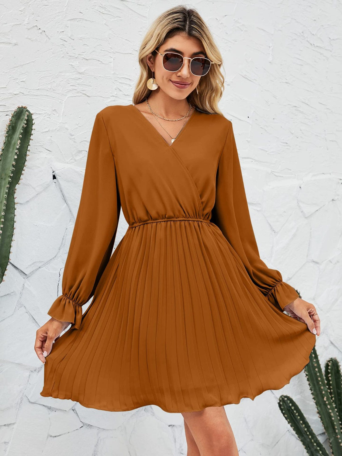 Surplice Flounce Sleeve Pleated Mini Dress
