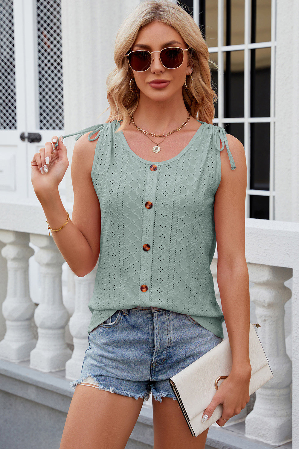 Eyelet Round Neck Wide Strap Tank
